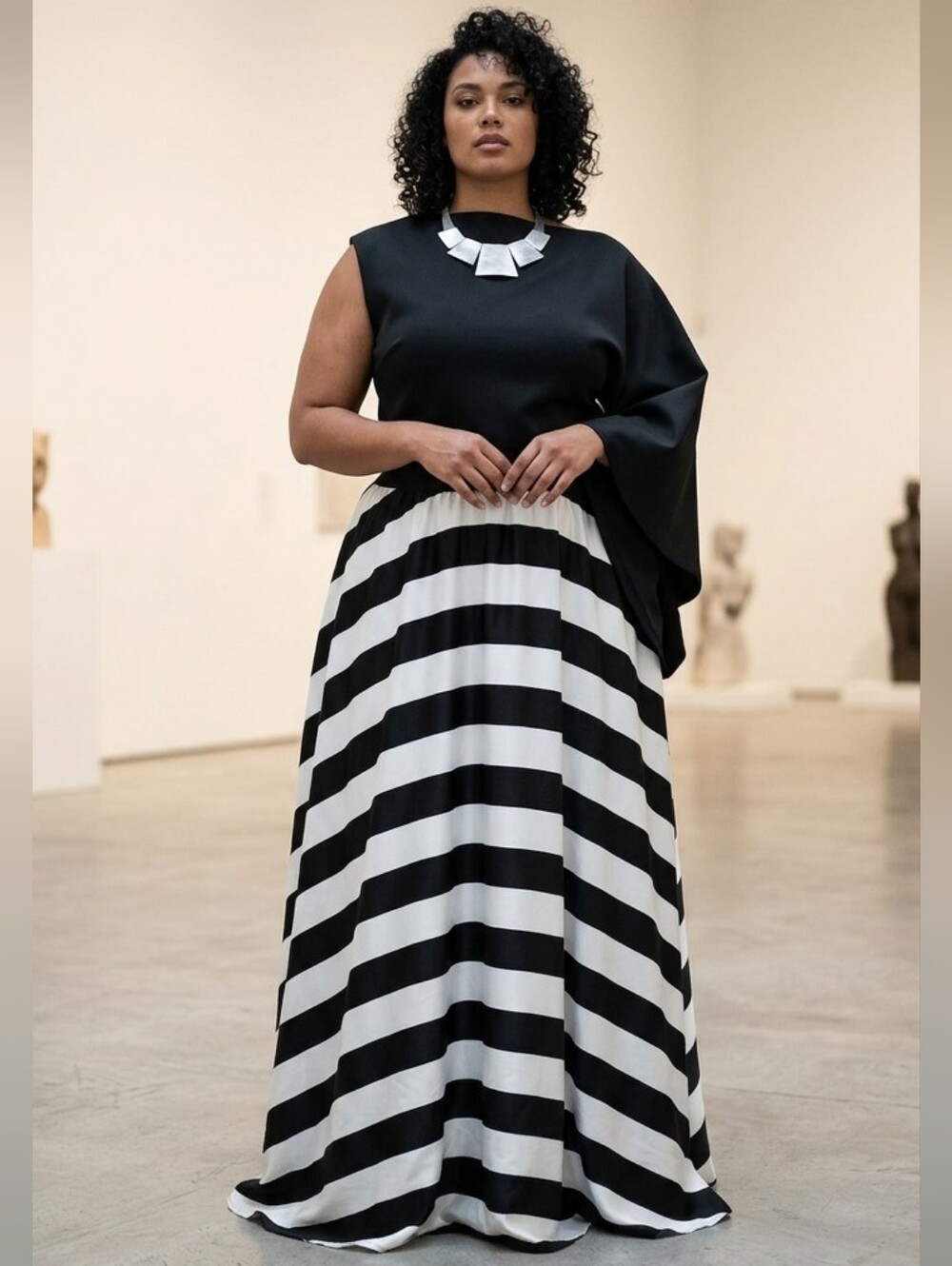 *2/30$* Black and White Horizontal Striped Maxi Skirt Size XL